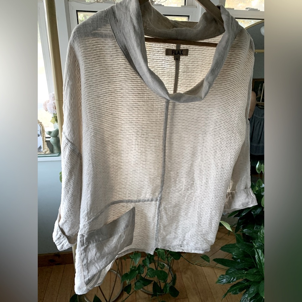 FLAX Linen Oversized Cowl Neck Textured Pullover Small Made in Lithuania